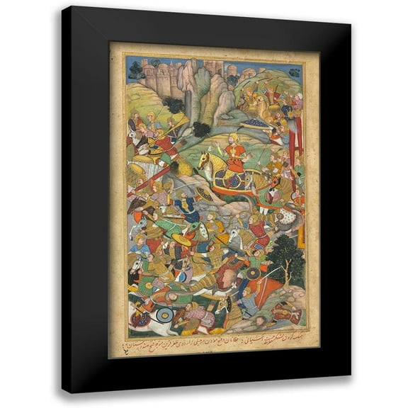 Mughal school, 16th century 10x14 Black Modern Framed Museum Art Print Titled - Humayun Defeating the Afghans before Reconquering India, c.1590