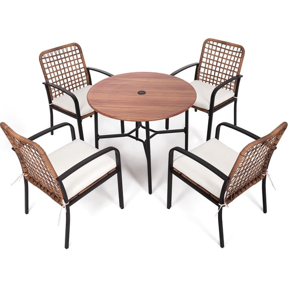 Mugovelo 5 Pieces Patio Dining Set, Boho Wicker Outdoor Dining Set with Umbrella Hole, Round Rattan Table and 4 Chairs with Cushions for Garden Backyard