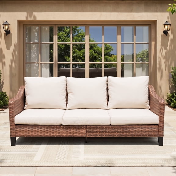 Mugovelo 74" 3-Seater Sofa with Cushion, Outdoor Rattan Couch for Patio Balcony, Off-White