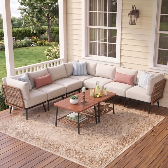 Mugovelo 9-Piece Outdoor Patio Conversation Set, Modular Sectional Rattan Sofa with Cushions & 2-Tier Coffee Table