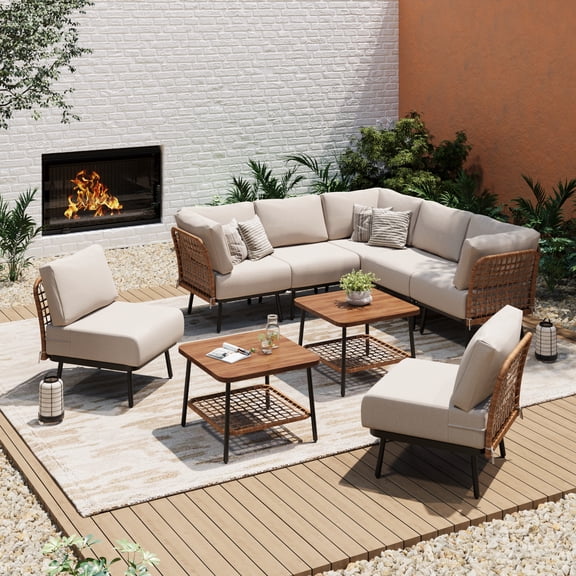 Mugovelo 9-Piece Patio Conversation Set, Outdoor Rattan Furniture with Thick Cushions & Wood Grain Coffee Table, Patio Furniture for Backyard Poolside Deck