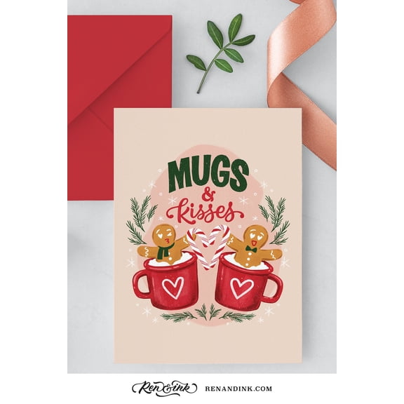 Mugs & Kisses Christmas Card - Cute Gingerbread Men Design - Envelope Included, Blank Inside - Perfect Holiday Greeting for Friends, Family & Loved Ones