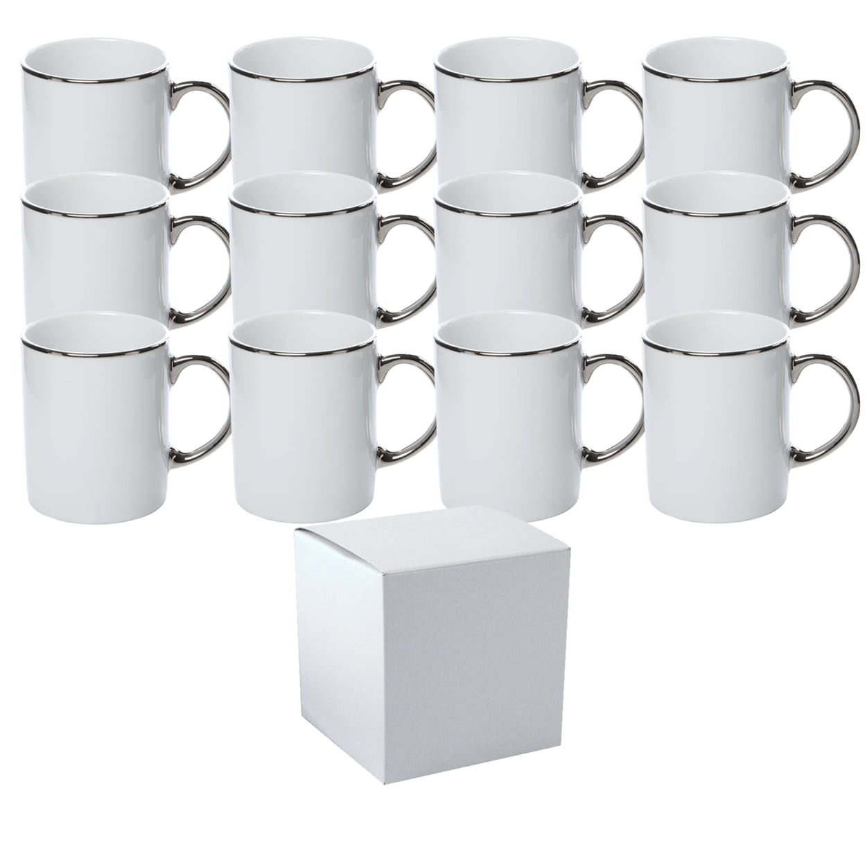 Mugsie 12 Pack 11 oz. SILVER Rim & Handle- Ceramic Sublimation Mugs - Professional Grade - With Individual White Gift Boxes