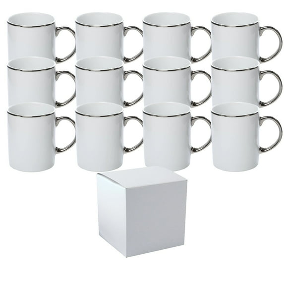 Mugsie 12 Pack 11 oz. SILVER Rim & Handle- Ceramic Sublimation Mugs - Professional Grade - With Individual White Gift Boxes