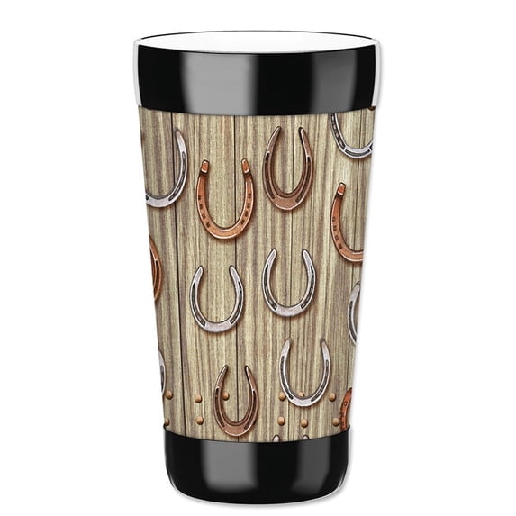 Mugzie 16-Ounce Tumbler Drink Cup with Removable Insulated Wetsuit Cover - Horse Shoe’s (tan)