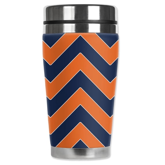 Mugzie brand 16-Ounce Stainless Steel Travel Mug with Insulated Wetsuit Cover - Broncos Football Colors Chevron