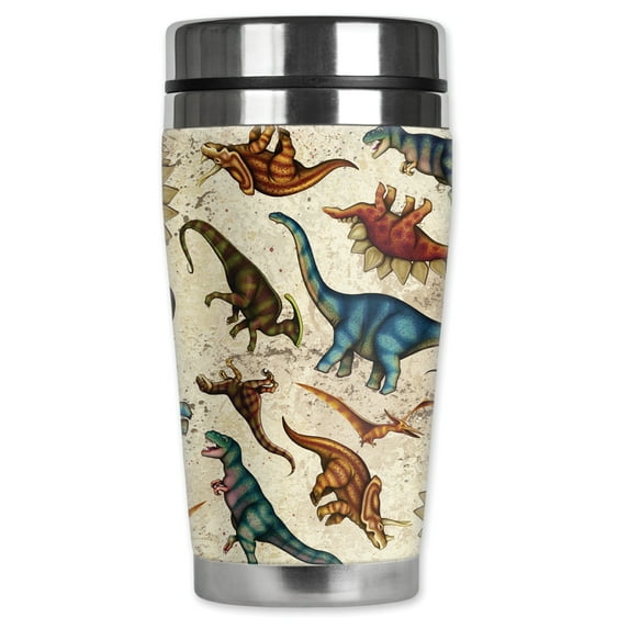 Mugzie brand 16-Ounce Stainless Steel Travel Mug with Insulated Wetsuit Cover - Dinosaur Toss