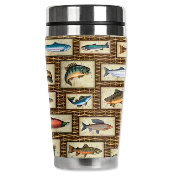 Mugzie brand 16-Ounce Stainless Steel Travel Mug with Insulated Wetsuit Cover - Trophy Fish