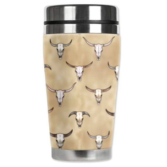 Mugzie brand 20-Ounce "MAX" Stainless Steel Travel Mug with Insulated Wetsuit Cover - Longhorn’s (tan)