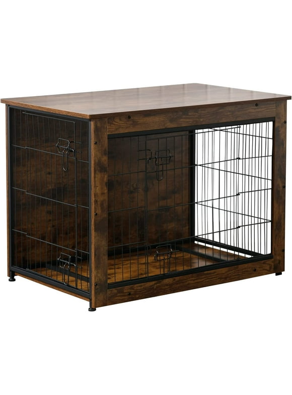 Muhub 38" Dog Crate Furniture,Wooden Dog Crate, for Small to Large Dogs,Rustic Brown