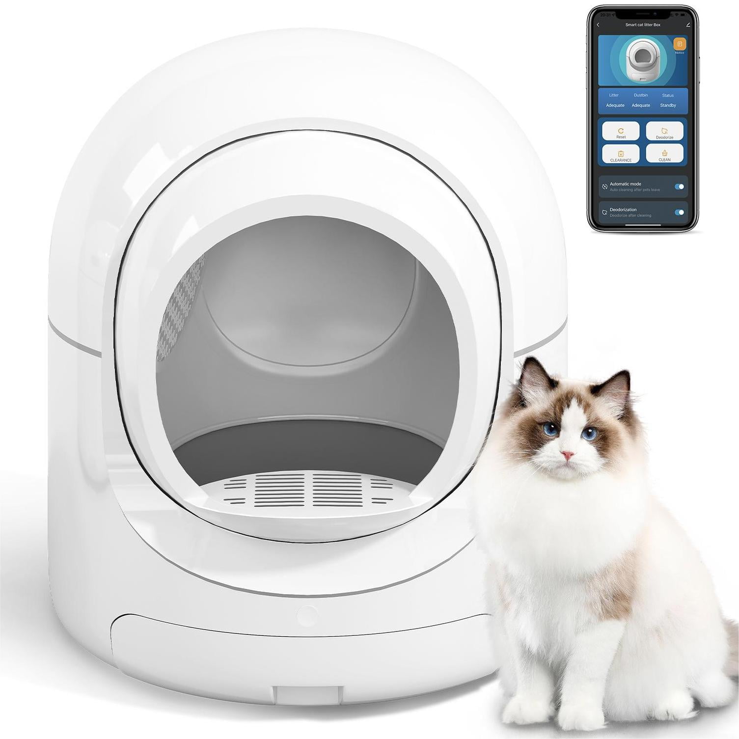 Muhub Large Cat Litter Box 85L Self Cleaning Automatic with App Control Pet Safe Odor Removal White Walmart