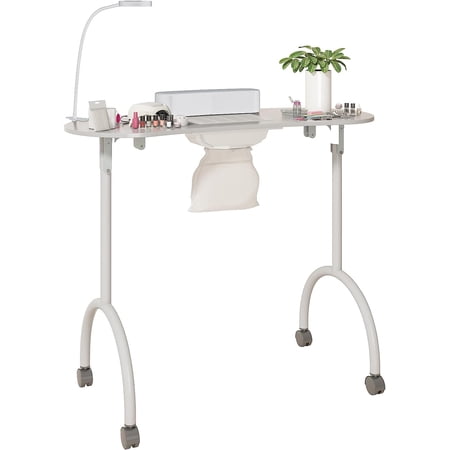 Muhub Portable Movable Manicure Nail Table, Pure White Foldable Manicure Table with Dust Collector Fan, 4 Lockable Wheels and Carry Bag, LED Lamp, Professional Nail Desk with Wrist Cushion