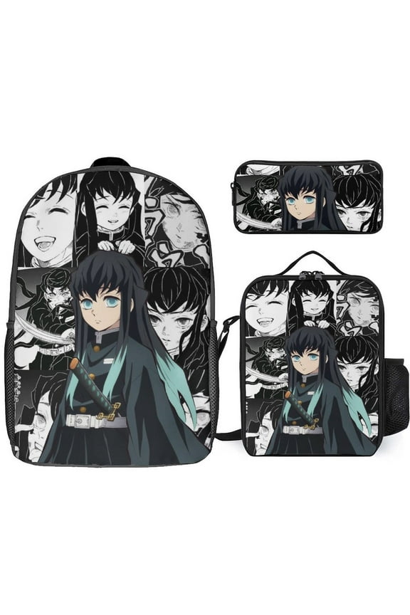 Muichiro Tokito 3 Piece Backpack Set with Lunch Bag Pencil Case, High Capacity Bookbag with Lunch Box Pen Box