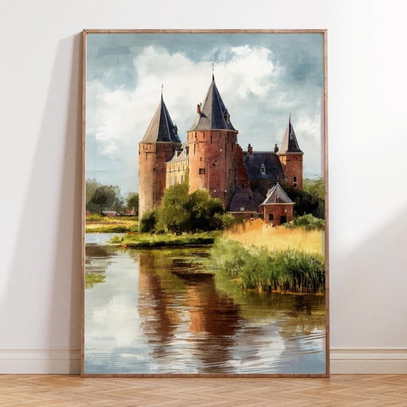 Muiderslot Castle Netherlands Historic Fortress Scenery Art, Unframed Paper Print Size 8x12
