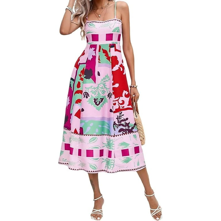 Muineobuka women boho graphic maxi dress spaghetti strap colorful