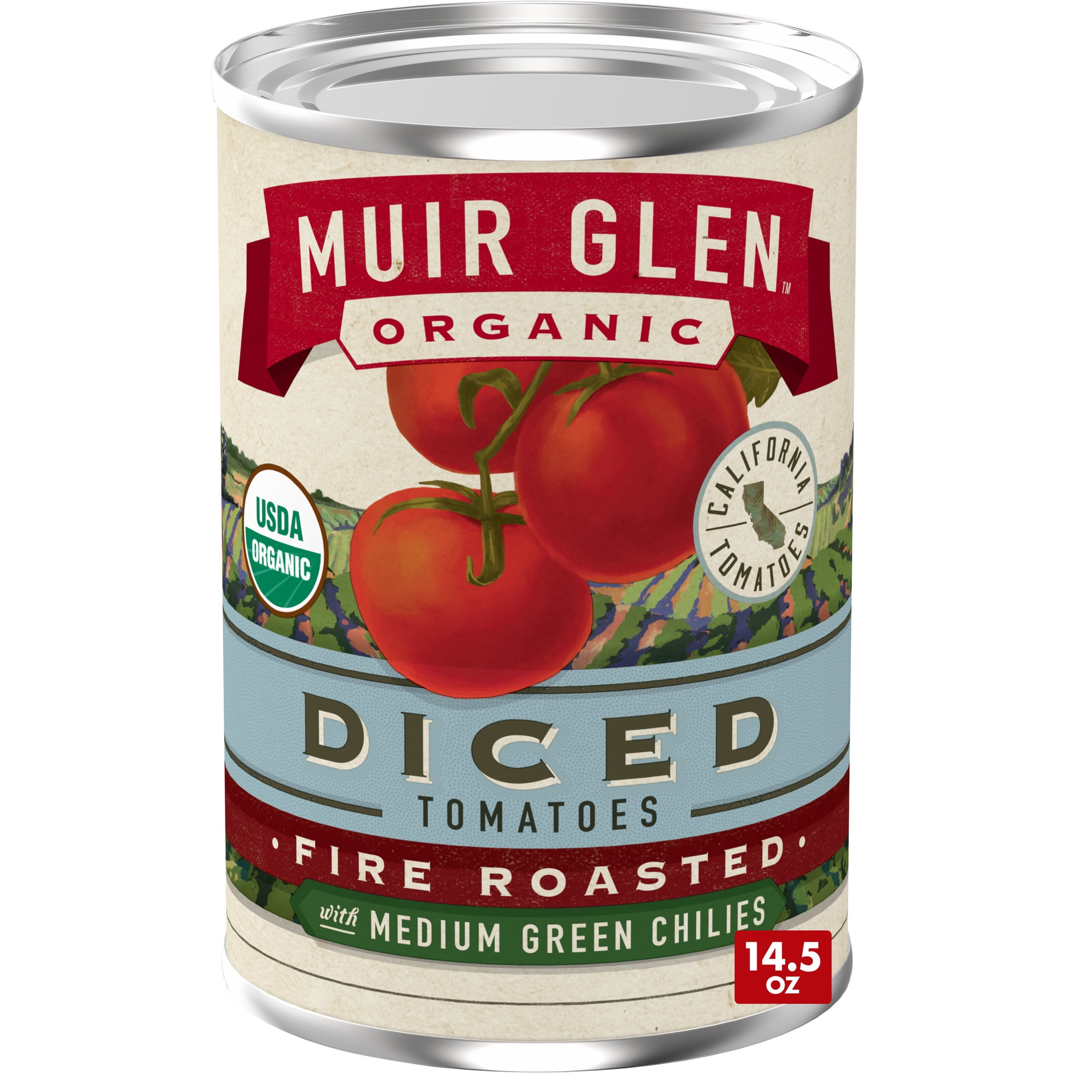 Muir Glen Organic Diced Fire Roasted Canned Tomatoes, with Medium Green Chilies, 14.5 oz.