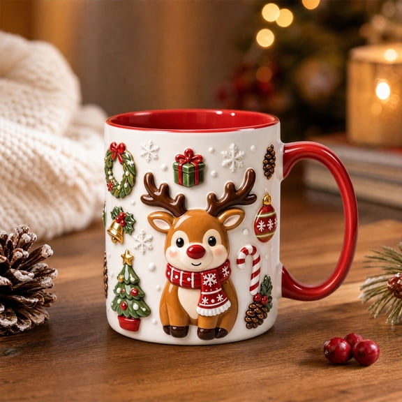 Muisle Christmas Reindeer Ceramic Mug,Embossed Festive Coffee Cup with Snowflake,Tree & Gift Pattern,Holiday Drinking Mug for Hot Cocoa,Tea,Home Kitchen and Christmas Gift,Reindeer H