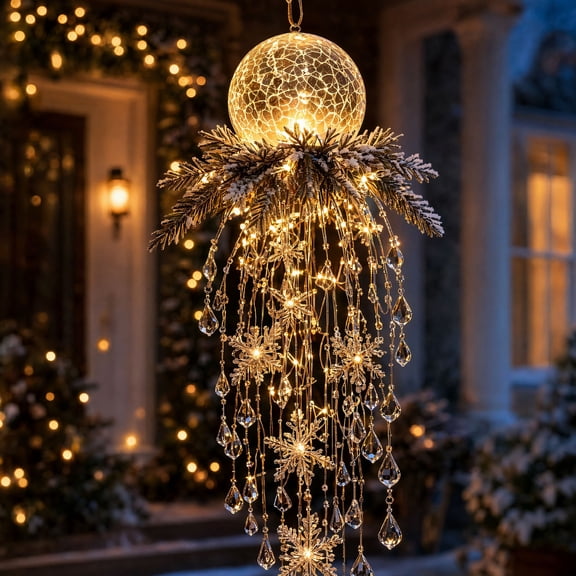 Muisle Crystal Cascade Christmas Light,Crackle Globe Waterfall LED Light with Crystal Snowflake Drops and Artificial Pine Sprigs,for Porch,Entryway,Window,Winter Party Display