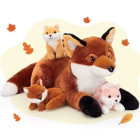 Muiteiur 4Pcs Fox Stuffed Animal 22'' Fox Plush with 3 Babies in Her Zippered Tummy