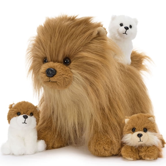 Muiteiur 4Pcs Pomeranian Stuffed Animal Toy Dog 13.8" Realistic Puppy Plush Toy With 3 Babies Inside
