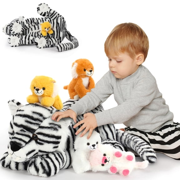 Muiteiur 5-Piece White Tiger Stuffed Animal 19.7 Inch Tiger Plush Toy with 4 Babies Tigers