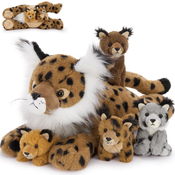 Muiteiur 5Pcs Brown Lynx Stuffed Animals 18" Plush Mommy Bobcat with 4 Babies Plush Toy