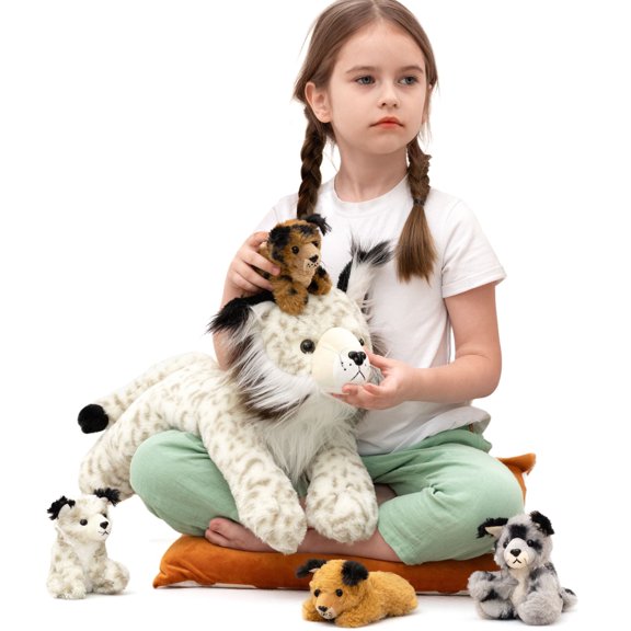 Muiteiur 5Pcs Lynx Stuffed Animals 18'' Plush Mommy Bobcat Plush Toy with 4 Babies