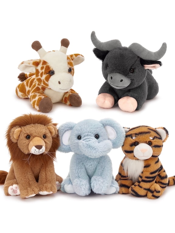 5 Pieces Safari Stuffed Animals Jungle Animals Set Plush Toy(Giraffe/Tiger/Lion/Elephant/Cow)