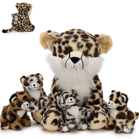 Muiteiur 5Pcs Cheetah Stuffed Animal 14.2'' Giant Cheetah Plush Toy With 4 Babies Inside