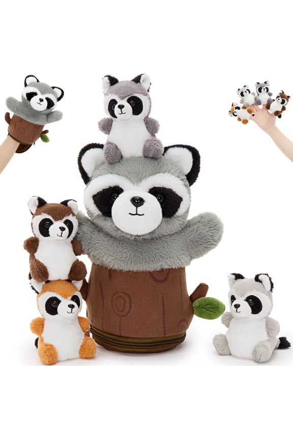 Muiteiur 5Pcs Raccoon Hand Puppet Toy 9.5" Plush Raccoon with Tree Stump Interactive Pretend Play Stuffed Animal Toys
