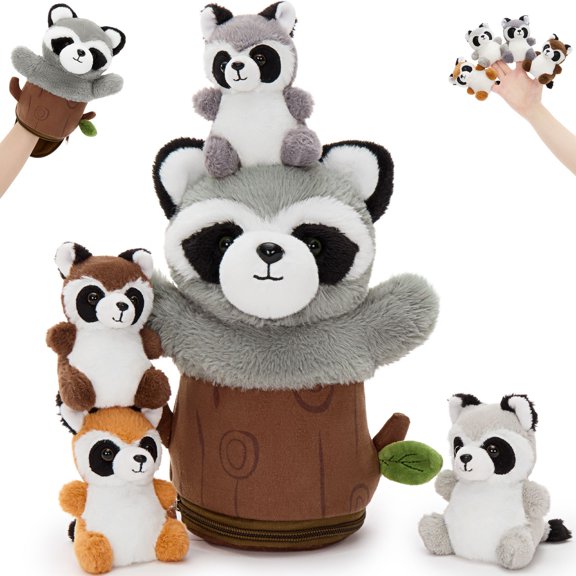 Muiteiur 5Pcs Raccoon Hand Puppet Toy 9.5" Plush Raccoon with Tree Stump Interactive Pretend Play Stuffed Animal Toys