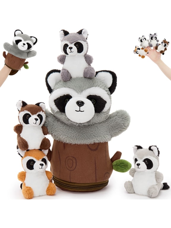 5Pcs Raccoon Hand Puppet Toy 9.5" Plush Raccoon with Tree Stump Interactive Pretend Play Stuffed Animal Toys