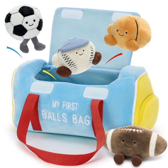 Muiteiur 5Pcs Sports Ball Stuffed Animal Plush Ball Toy(Ball Bag,Soccer, Baseball, Basketball, Rugby Football )