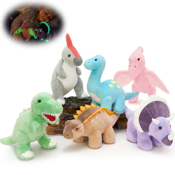 Muiteiur 6Pcs Dinosaur Stuffed Animal 9.8" Glow-In-The-Dark Dinosaur Plush Toy