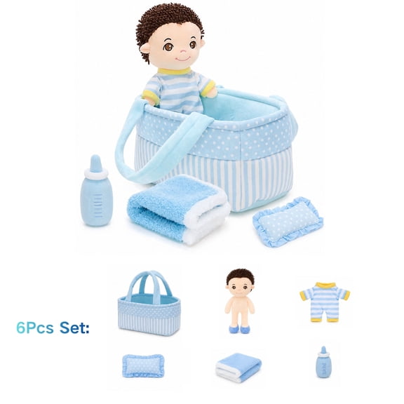 Muiteiur 6Pcs Plush Doll Gift Set with Carry Basket, Mini Cushion, Clothes, and Pretend Feeding Accessories
