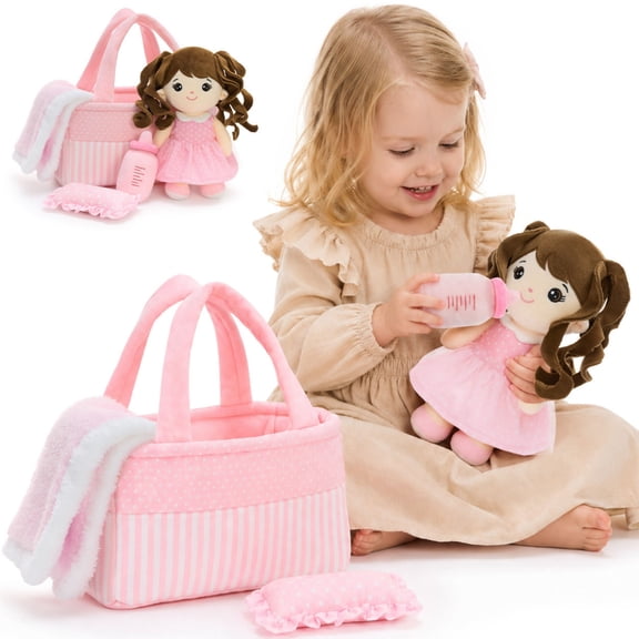 Muiteiur 6PCS Plush Doll Playset with Carry Basket, Mini Cushion, Dress and Pretend Feeding Accessories, Soft Toy for Kids