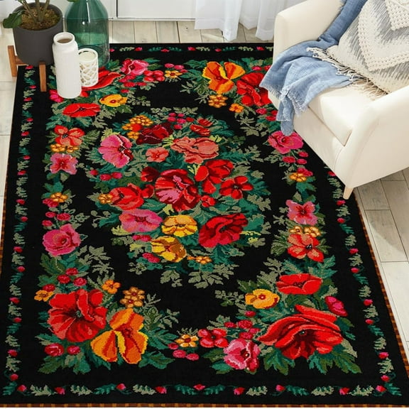 Muiticolor Flowers Printed Retro Floral Area Rug for Living Room Bedroom Non-Shedding Classic Carpet Under Dining Coffee Table Indoor Office Kitchen Rug 4' x 7'