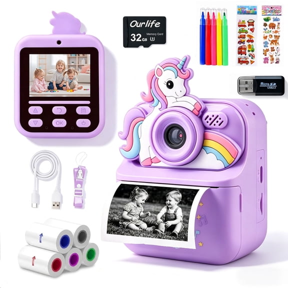 Muivan Kids Instant Print Camera with 1080P HD Video, 2.4" Screen & 32GB SD Card, Color Printing Toy Camera with Lanyard & Pens, Birthday Gifts for Girls Age 3-12, Purple