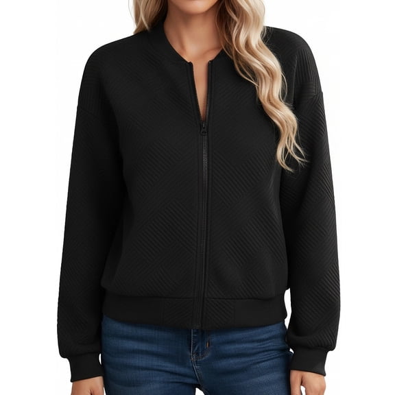 Mujer Chaqueta Bomber, Puos Acanalados Polister Tejido Negro Cremallera Casual Ligera Primavera Otoo Exterior
