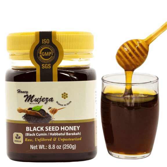 Black Seed Honey - (Black Cumin - Nigella Seeds) Not Mixed with Black Seed Oil or Powder - Gluten Free Non GMO Unfiltered Unprocessed 100% Natural Honey 250g/8.8oz