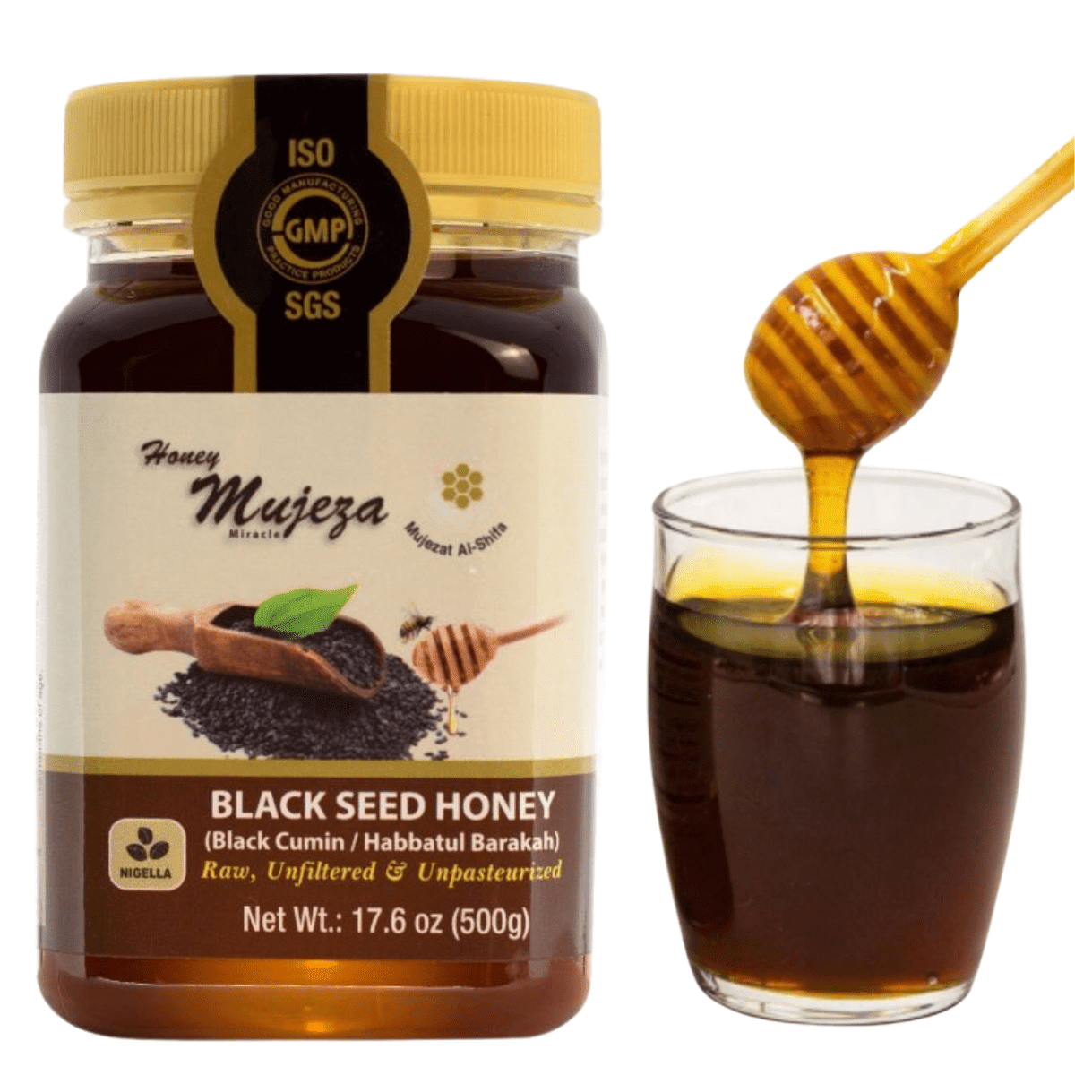 Mujeza Raw Black Seed Honey - (Black Cumin- Nigella Seeds) Not Mixed with Black Seed Oil or Powder - Gluten Free - Non-GMO - Unfiltered - Unprocessed - 100% Natural Honey 500g/17.6oz