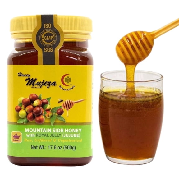Mountain Sidr Honey (Jujube) with Fresh Royal Jelly – Raw, Unfiltered, Unpasteurized, Natural Liquid Honey, Gluten-Free, 500g / 17.6oz