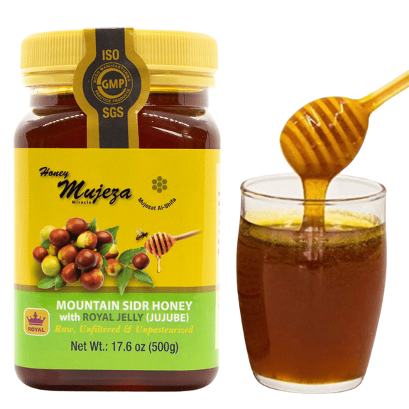 Mountain Sidr Honey (Jujube) with Fresh Royal Jelly Raw, Unfiltered, Unpasteurized, Natural Liquid Honey, Gluten-Free, 500g / 17.6oz