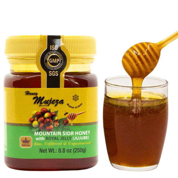 Mountain Sidr Honey (Jujube) with Fresh Royal Jelly by Mujezat Al-Shifa – Raw, Unfiltered, Unpasteurized, Gluten-Free, 250g / 8.8oz