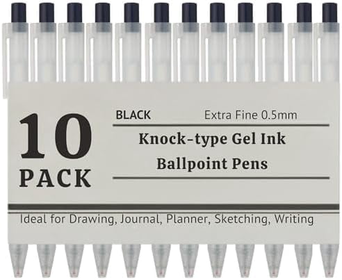 Muji 0.5 mm Pen Smooth Gel Ink Ballpoint Pens - Retractable, Knock Type, Fine Tip, Black Ink - Set of 10 - Gift for Students and Professionals$$Office