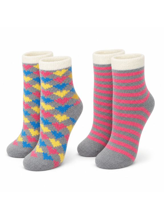Cozy Girls Socks, Whisper Soft Yarn Lining Crew Socks for Girls, Rainbow, S/M, 2 Pack