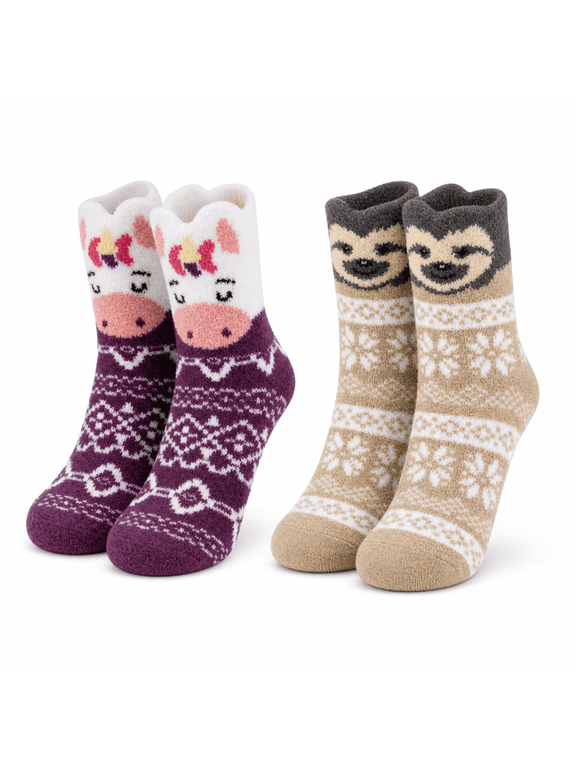 Girls Socks, Micro Kids Crew Socks for Girls with Playful Ears and Plush Fabric, Purple, S/M, 2 Pack
