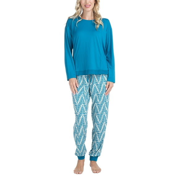 Muk Luks Lounge Loyalist Sweatshirt and Jogger Set, Teal/Stamped Palm, S