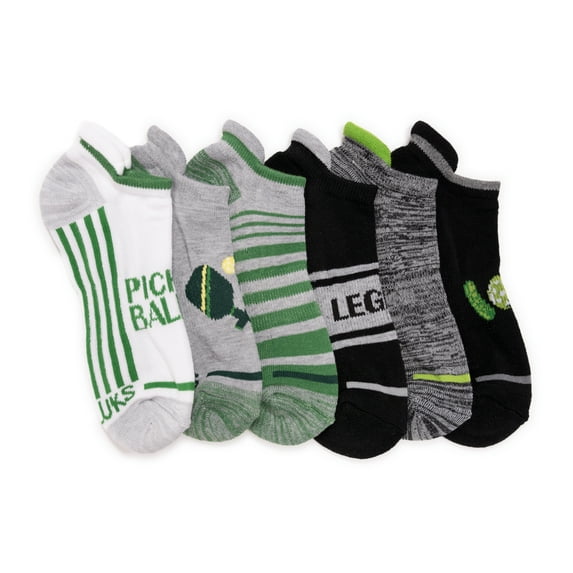 Muk Luks Men's 6 Pack Pickleball Ankle Socks, Black/Green, One Size