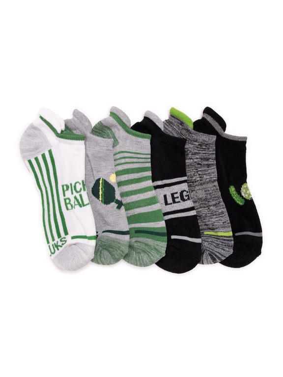 Men's 6 Pack Pickleball Ankle Socks, Black/Green, One Size